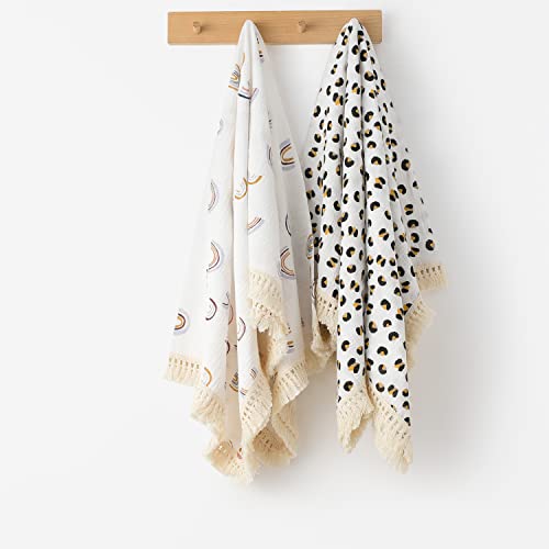 Boho Nursery Decor Rainbow Baby Blanket 40"x 47", Gender Neutral Swaddle Muslin with Fringe, Cotton Muslin Blanket Baby Girl Stuff