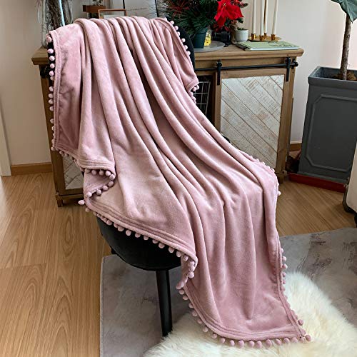 Flannel Blanket with Pompom Fringe Lightweight Cozy Bed Blanket Soft Throw