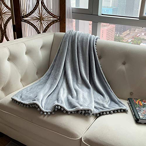 Flannel Blanket with Pompom Fringe Lightweight Cozy Bed Blanket Soft Throw