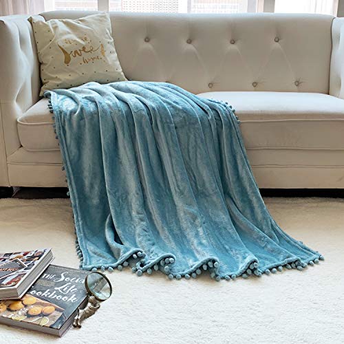 Flannel Blanket with Pompom Fringe Lightweight Cozy Bed Blanket Soft Throw