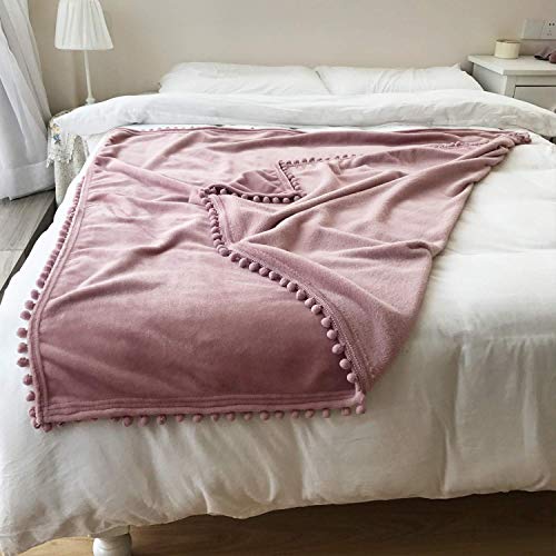 Flannel Blanket with Pompom Fringe Lightweight Cozy Bed Blanket Soft Throw