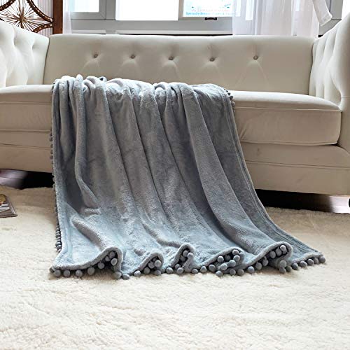 Flannel Blanket with Pompom Fringe Lightweight Cozy Bed Blanket Soft Throw