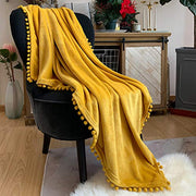 Flannel Blanket with Pompom Fringe Lightweight Cozy Bed Blanket Soft Throw