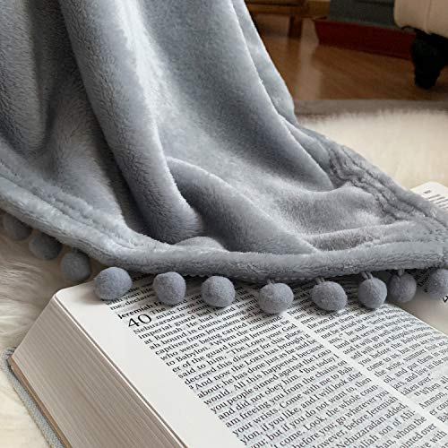 Flannel Blanket with Pompom Fringe Lightweight Cozy Bed Blanket Soft Throw