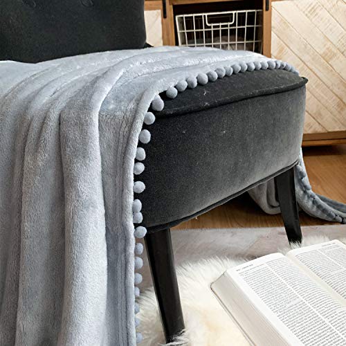 Flannel Blanket with Pompom Fringe Lightweight Cozy Bed Blanket Soft Throw
