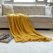 Flannel Blanket with Pompom Fringe Lightweight Cozy Bed Blanket Soft Throw