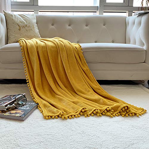 Flannel Blanket with Pompom Fringe Lightweight Cozy Bed Blanket Soft Throw