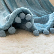 Flannel Blanket with Pompom Fringe Lightweight Cozy Bed Blanket Soft Throw