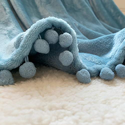 Flannel Blanket with Pompom Fringe Lightweight Cozy Bed Blanket Soft Throw