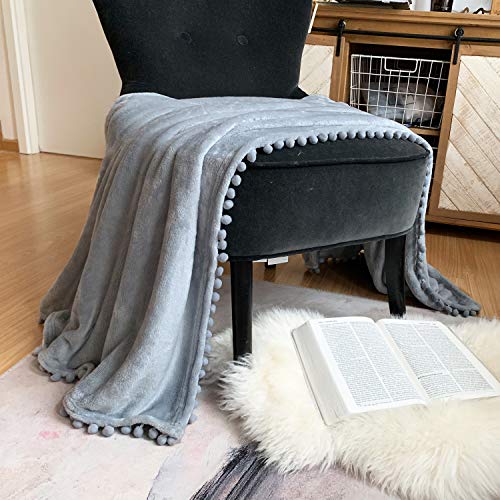 Flannel Blanket with Pompom Fringe Lightweight Cozy Bed Blanket Soft Throw