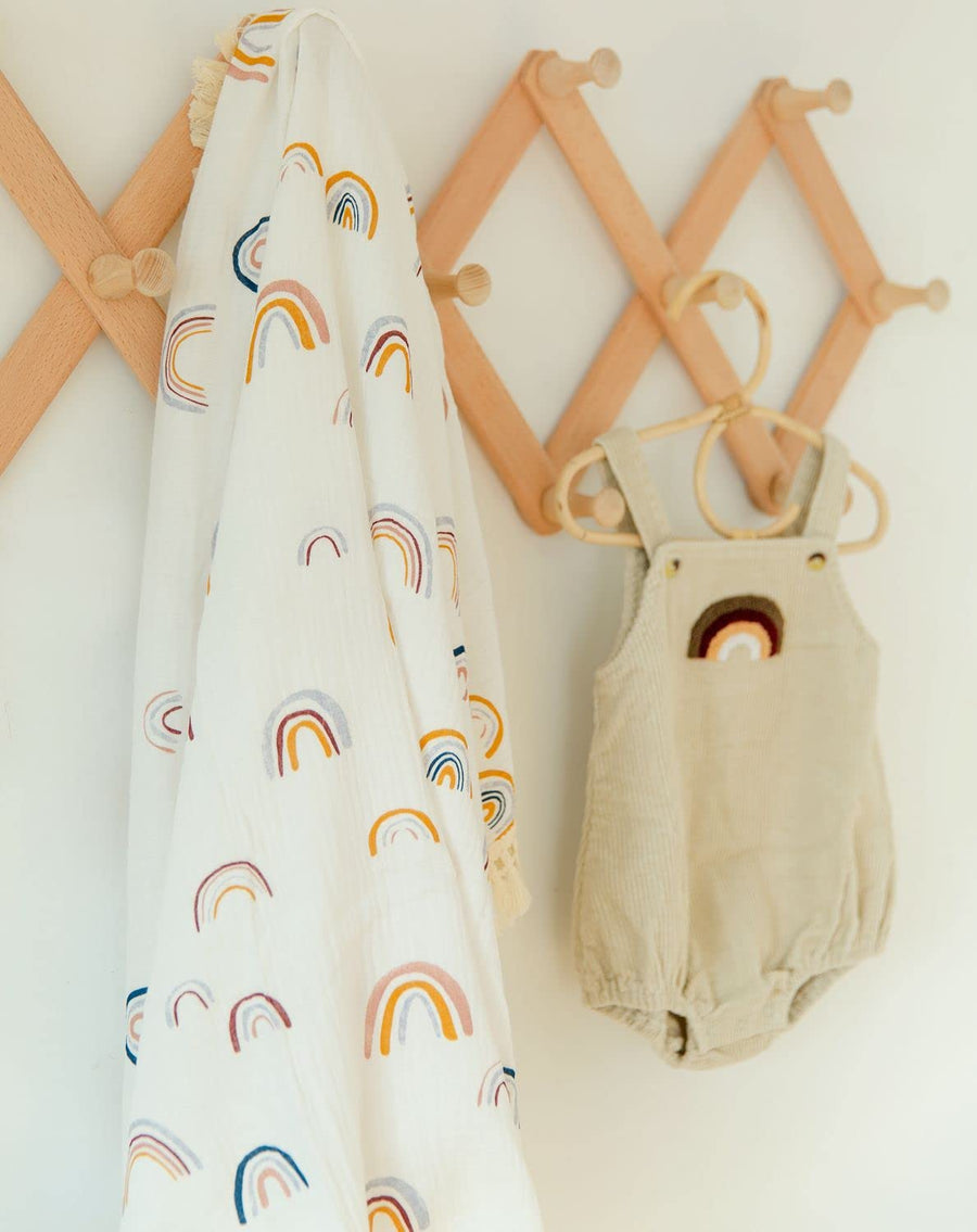 Boho Nursery Decor Rainbow Baby Blanket 40"x 47", Gender Neutral Swaddle Muslin with Fringe, Cotton Muslin Blanket Baby Girl Stuff