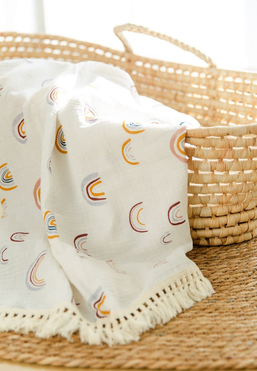 Boho Nursery Decor Rainbow Baby Blanket 40"x 47", Gender Neutral Swaddle Muslin with Fringe, Cotton Muslin Blanket Baby Girl Stuff