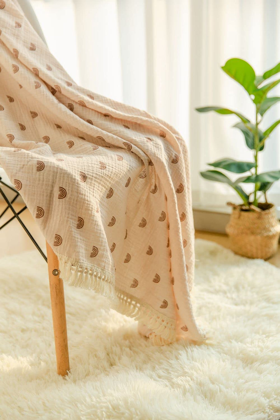 Boho Nursery Decor Rainbow Baby Blanket 40"x 47", Gender Neutral Swaddle Muslin with Fringe, Cotton Muslin Blanket Baby Girl Stuff