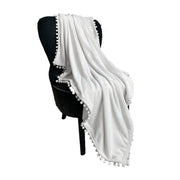 Flannel Blanket with Pompom Fringe Lightweight Cozy Bed Blanket Soft Throw