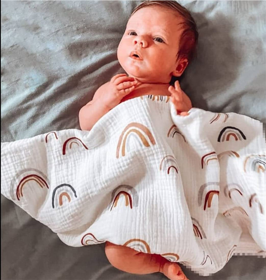 Boho Nursery Decor Rainbow Baby Blanket 40"x 47", Gender Neutral Swaddle Muslin with Fringe, Cotton Muslin Blanket Baby Girl Stuff