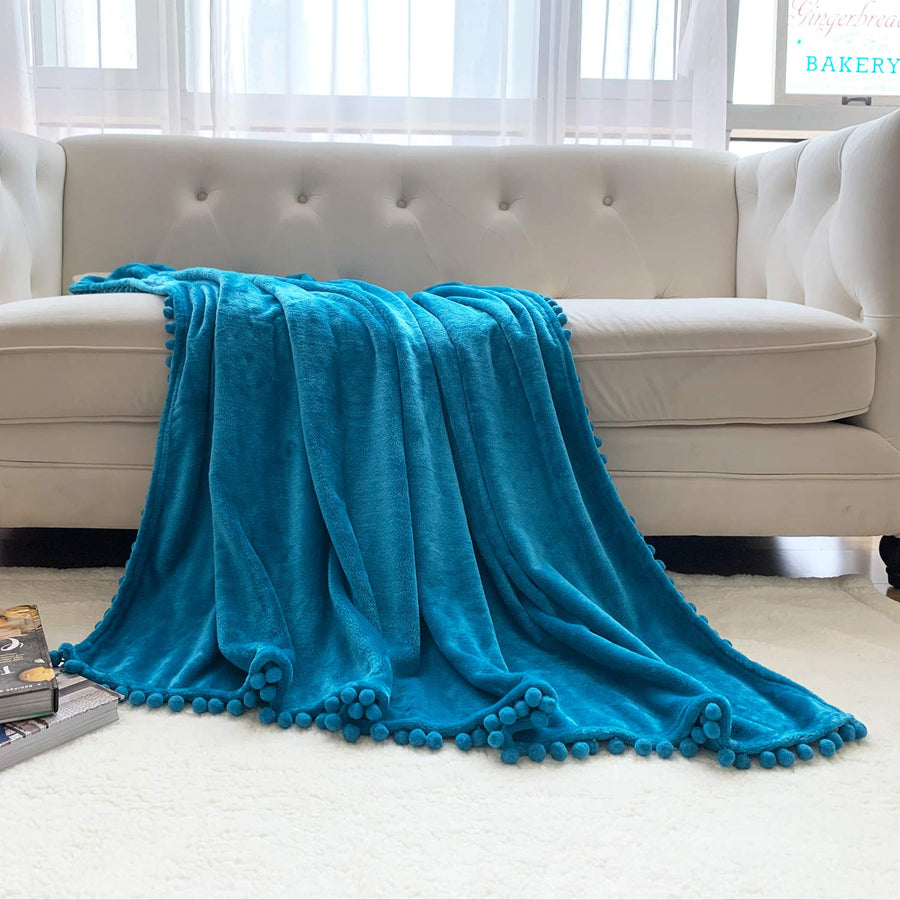 Flannel Blanket with Pompom Fringe Lightweight Cozy Bed Blanket Soft Throw