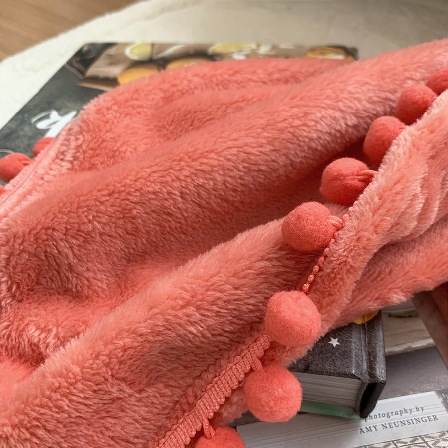 Flannel Blanket with Pompom Fringe Lightweight Cozy Bed Blanket Soft Throw