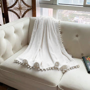 Flannel Blanket with Pompom Fringe Lightweight Cozy Bed Blanket Soft Throw