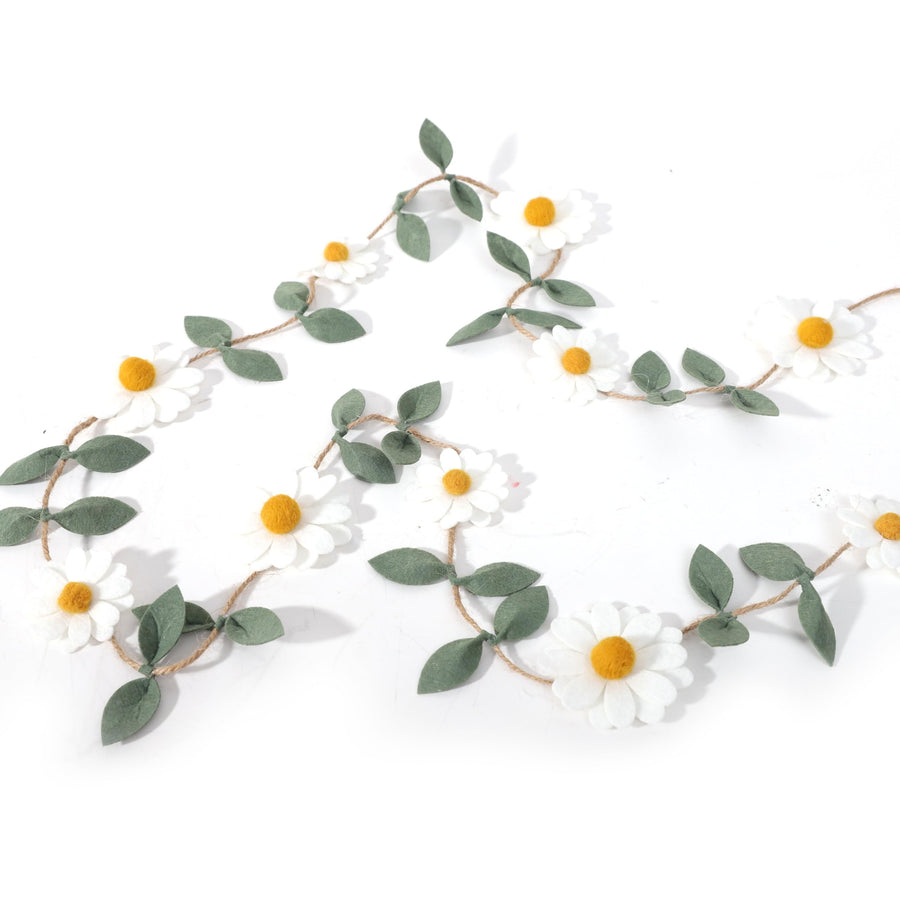 Wool Felt Daisy Chain Banner Garland - Daisy Decorations, Daisy Themed Nursery, White Wool Felt Daisy Green Leaf Garland