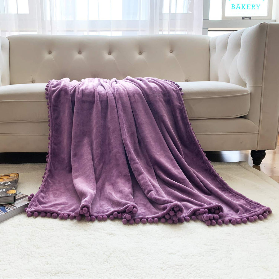 Flannel Blanket with Pompom Fringe Lightweight Cozy Bed Blanket Soft Throw
