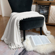 Flannel Blanket with Pompom Fringe Lightweight Cozy Bed Blanket Soft Throw