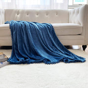 Flannel Blanket with Pompom Fringe Lightweight Cozy Bed Blanket Soft Throw