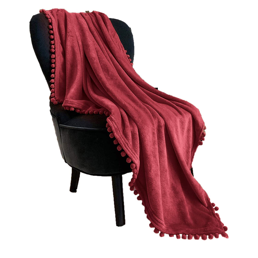 Flannel Blanket with Pompom Fringe Lightweight Cozy Bed Blanket Soft Throw