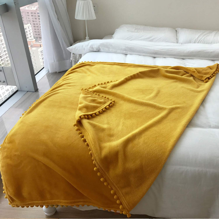 Flannel Blanket with Pompom Fringe Lightweight Cozy Bed Blanket Soft Throw