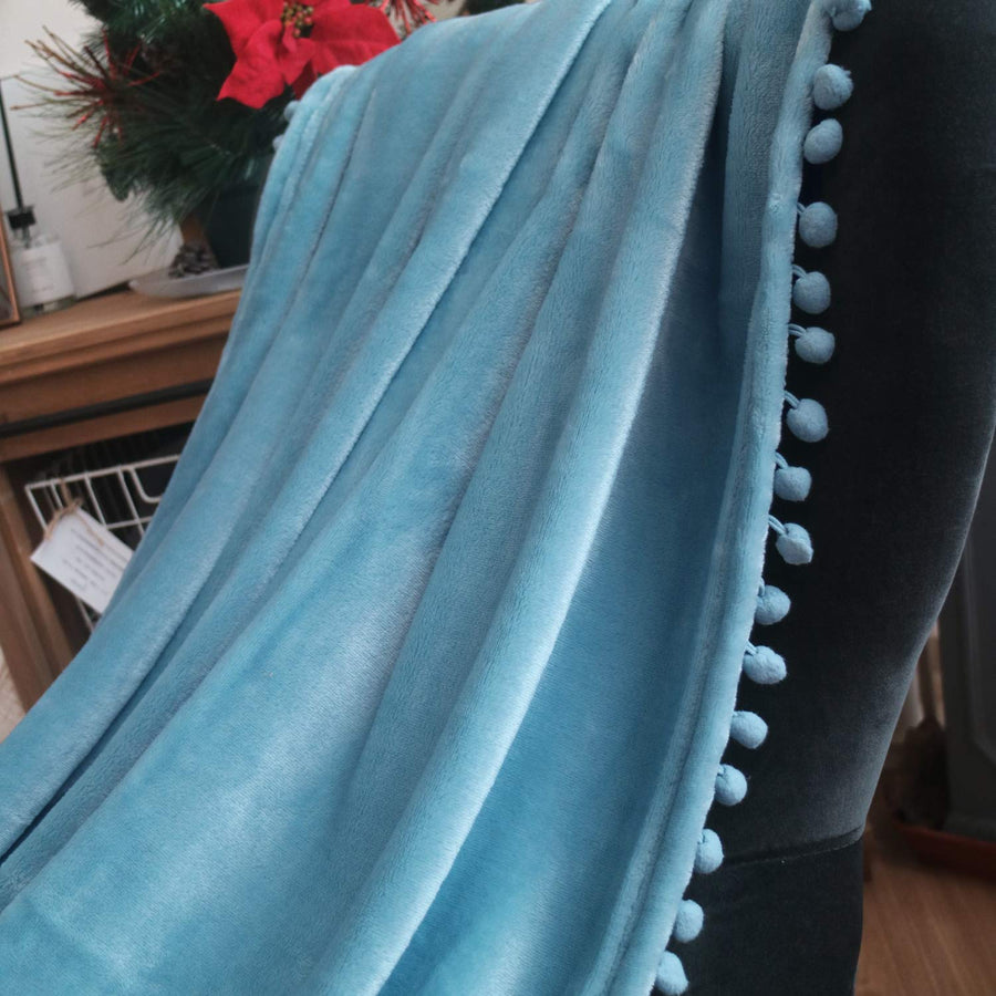 Flannel Blanket with Pompom Fringe Lightweight Cozy Bed Blanket Soft Throw