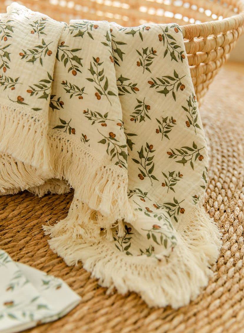 Boho Nursery Decor Rainbow Baby Blanket 40"x 47", Gender Neutral Swaddle Muslin with Fringe, Cotton Muslin Blanket Baby Girl Stuff
