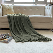 Flannel Blanket with Pompom Fringe Lightweight Cozy Bed Blanket Soft Throw