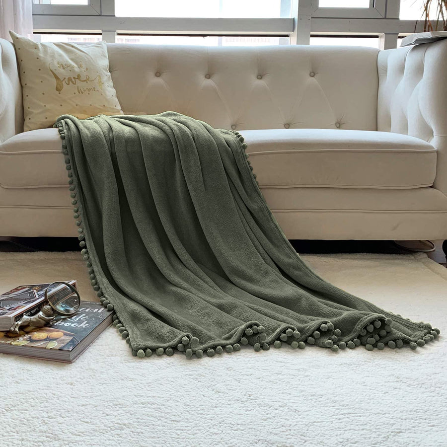 Flannel Blanket with Pompom Fringe Lightweight Cozy Bed Blanket Soft Throw