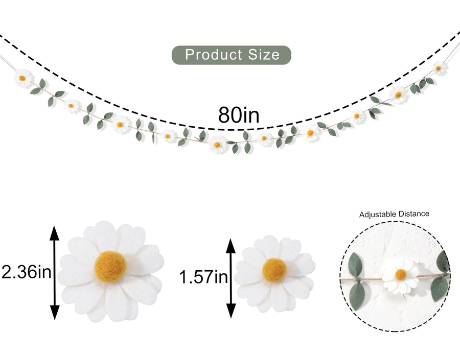 Wool Felt Daisy Chain Banner Garland - Daisy Decorations, Daisy Themed Nursery, White Wool Felt Daisy Green Leaf Garland