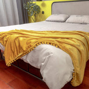 Flannel Blanket with Pompom Fringe Lightweight Cozy Bed Blanket Soft Throw