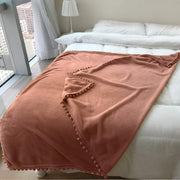 Flannel Blanket with Pompom Fringe Lightweight Cozy Bed Blanket Soft Throw