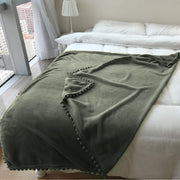 Flannel Blanket with Pompom Fringe Lightweight Cozy Bed Blanket Soft Throw