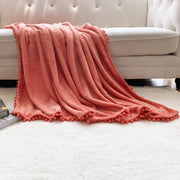 Flannel Blanket with Pompom Fringe Lightweight Cozy Bed Blanket Soft Throw