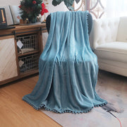 Flannel Blanket with Pompom Fringe Lightweight Cozy Bed Blanket Soft Throw