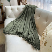 Flannel Blanket with Pompom Fringe Lightweight Cozy Bed Blanket Soft Throw