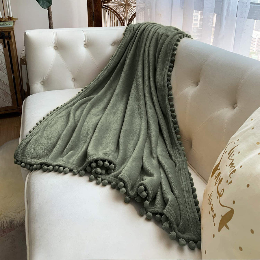 Flannel Blanket with Pompom Fringe Lightweight Cozy Bed Blanket Soft Throw