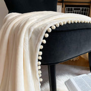 Flannel Blanket with Pompom Fringe Lightweight Cozy Bed Blanket Soft Throw