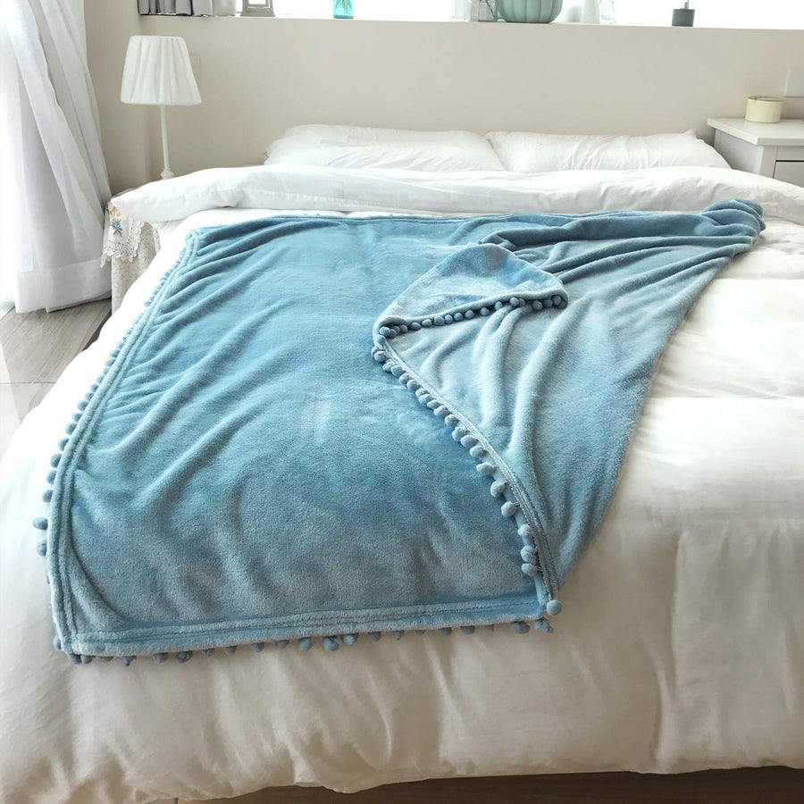 Flannel Blanket with Pompom Fringe Lightweight Cozy Bed Blanket Soft Throw