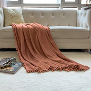 Flannel Blanket with Pompom Fringe Lightweight Cozy Bed Blanket Soft Throw