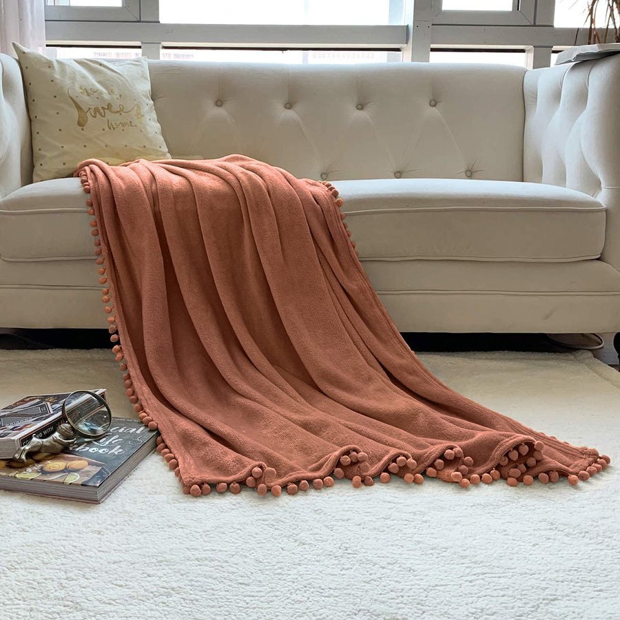 Flannel Blanket with Pompom Fringe Lightweight Cozy Bed Blanket Soft Throw