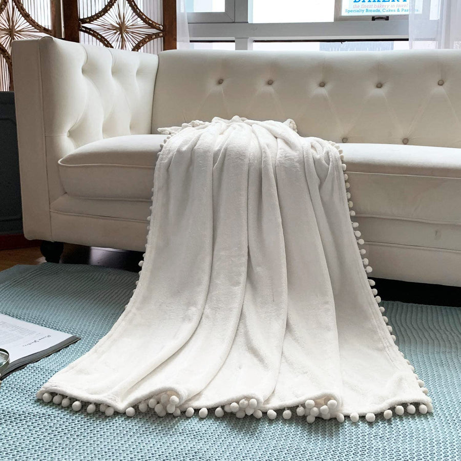Flannel Blanket with Pompom Fringe Lightweight Cozy Bed Blanket Soft Throw