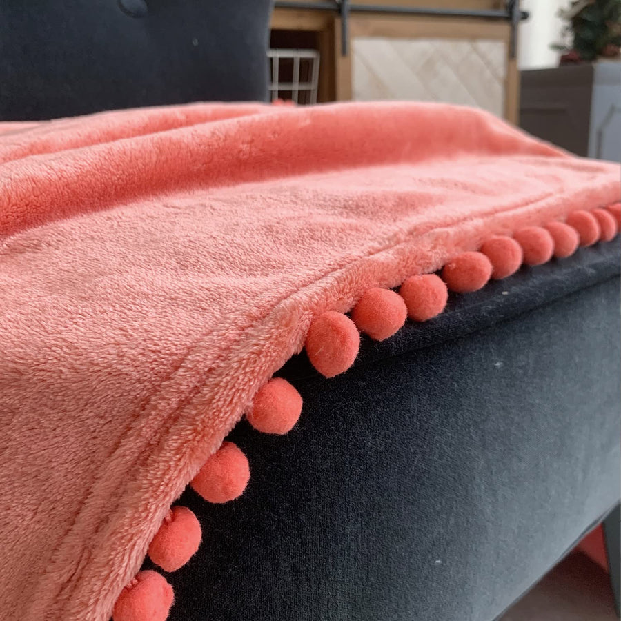 Flannel Blanket with Pompom Fringe Lightweight Cozy Bed Blanket Soft Throw