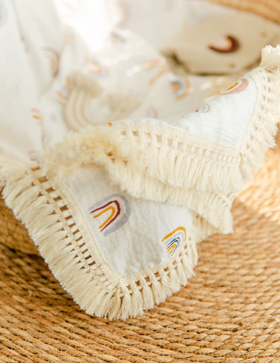 Boho Nursery Decor Rainbow Baby Blanket 40"x 47", Gender Neutral Swaddle Muslin with Fringe, Cotton Muslin Blanket Baby Girl Stuff
