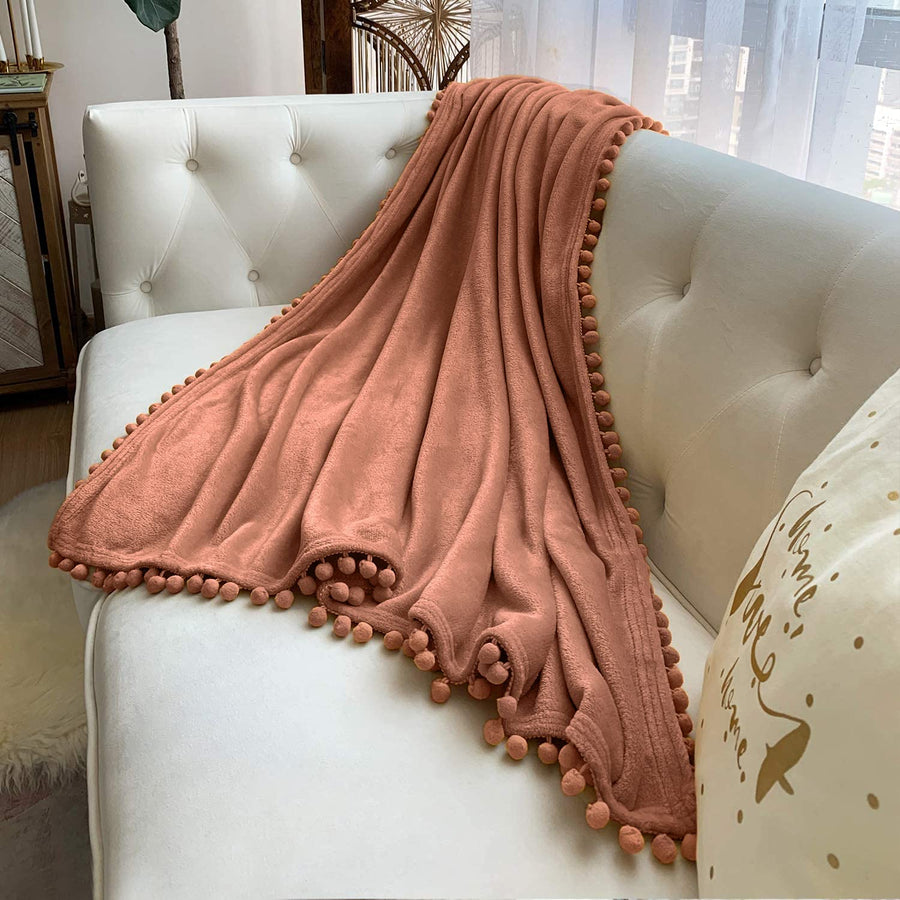 Flannel Blanket with Pompom Fringe Lightweight Cozy Bed Blanket Soft Throw