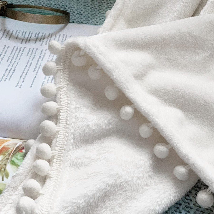 Flannel Blanket with Pompom Fringe Lightweight Cozy Bed Blanket Soft Throw
