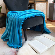 Flannel Blanket with Pompom Fringe Lightweight Cozy Bed Blanket Soft Throw